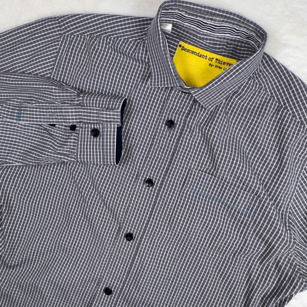 Descendant of Thieves Button Down Men Sm Grey Gingham Micro Ck Contrast Stitch